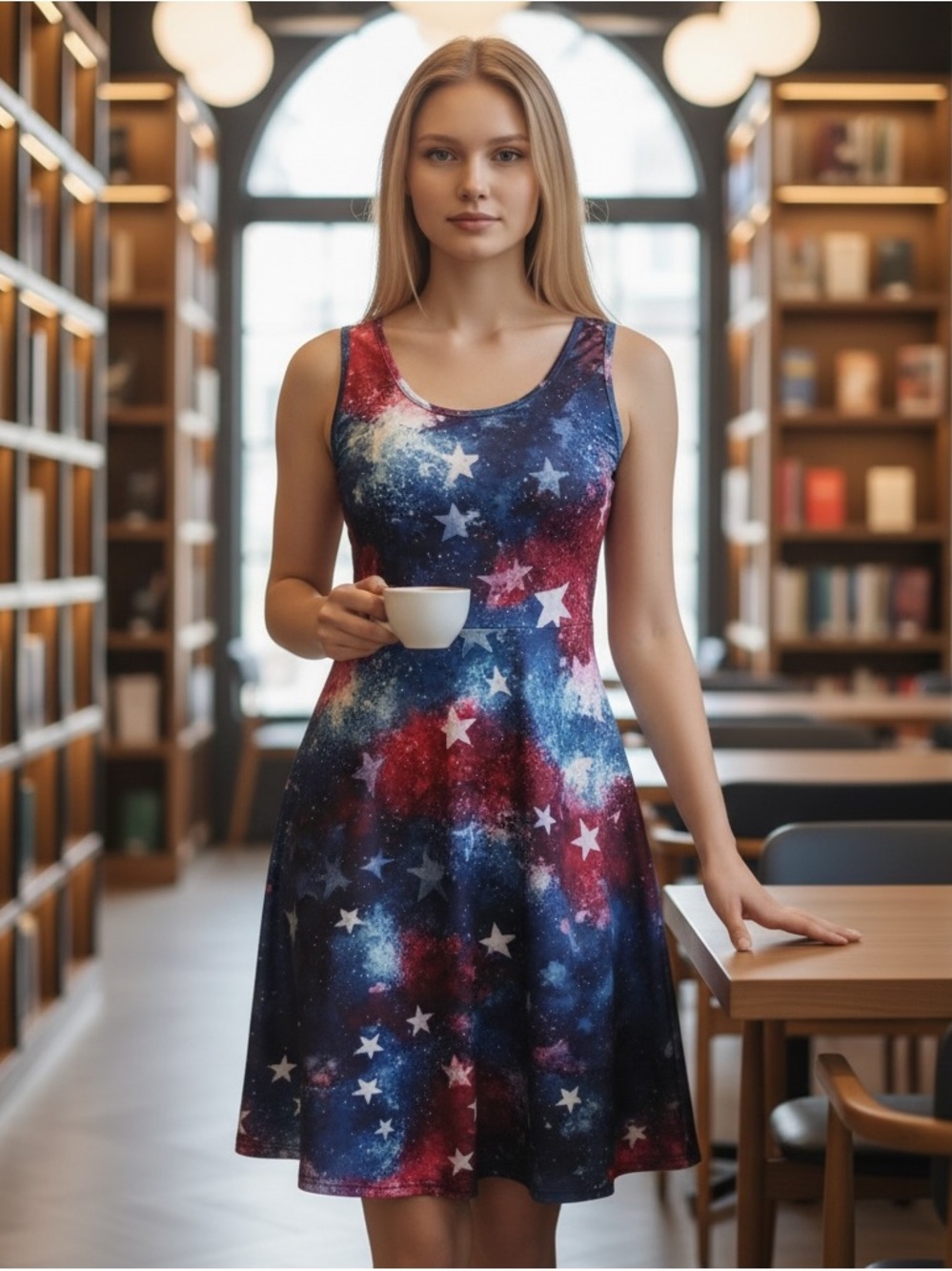 Galaxy Starprint Sleeveless A-Line Dress - Red & Blue